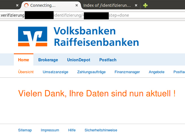 Beispiel einer Phishing-Seite mit der Aufforderung Personalausweis bzw. ec-Karte einzuscannen